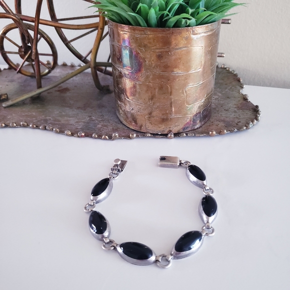 Vintage Mexico 925 Black Onyx & Sterling Silver Bracelet - Picture 1 of 13